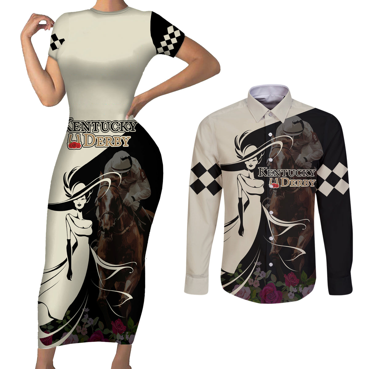Kentucky Racing Horses Derby Hat Girl Couples Matching Short Sleeve Bodycon Dress and Long Sleeve Button Shirt Black Color - Wonder Print Shop
