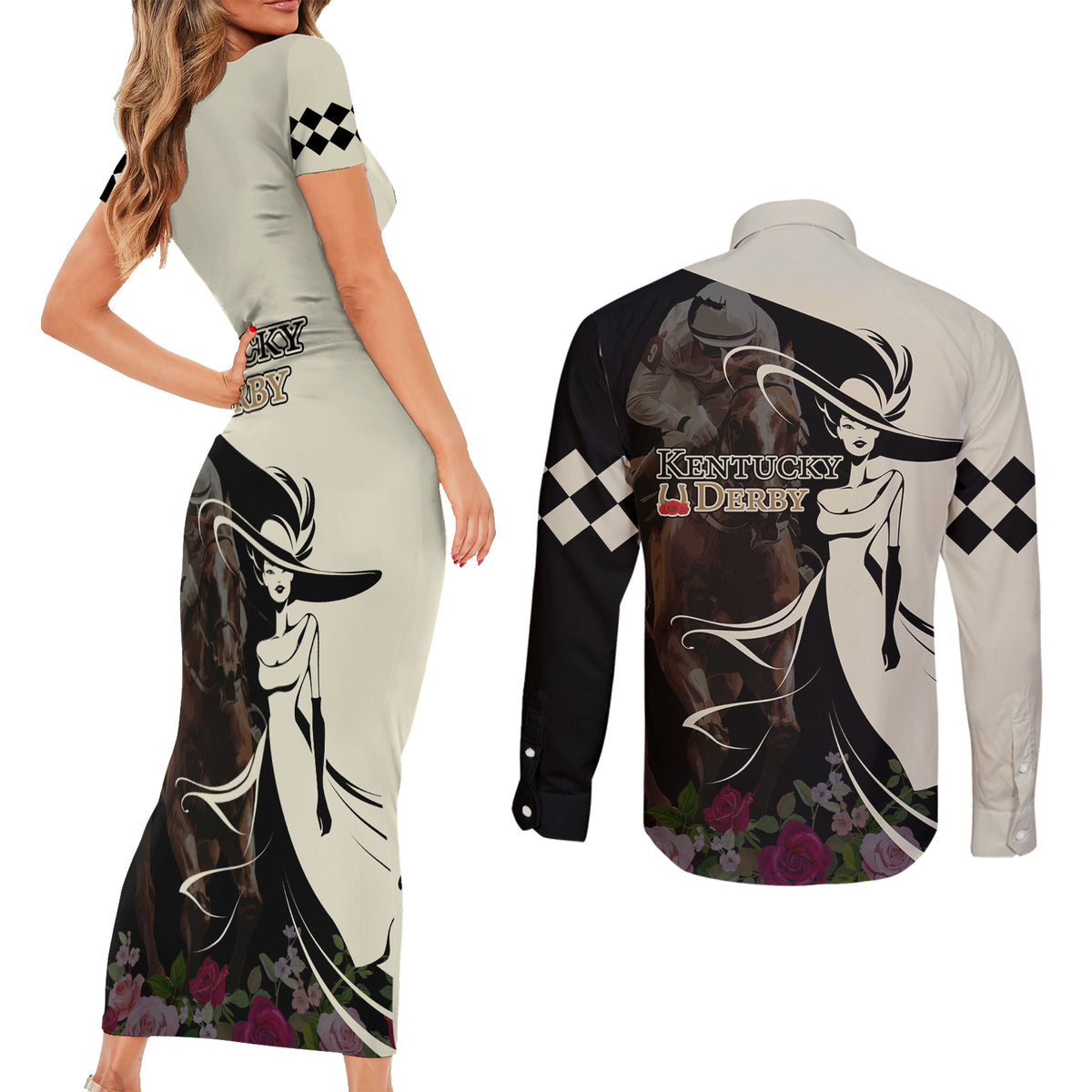 Kentucky Racing Horses Derby Hat Girl Couples Matching Short Sleeve Bodycon Dress and Long Sleeve Button Shirt Black Color - Wonder Print Shop