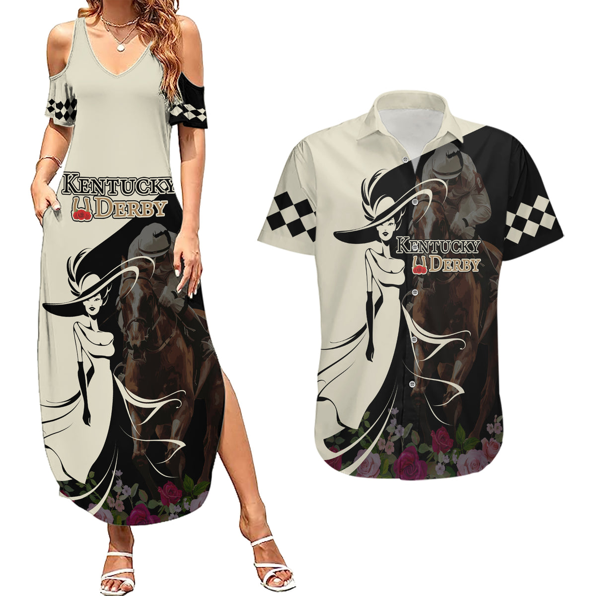 Kentucky Racing Horses Derby Hat Girl Couples Matching Summer Maxi Dress and Hawaiian Shirt Black Color - Wonder Print Shop