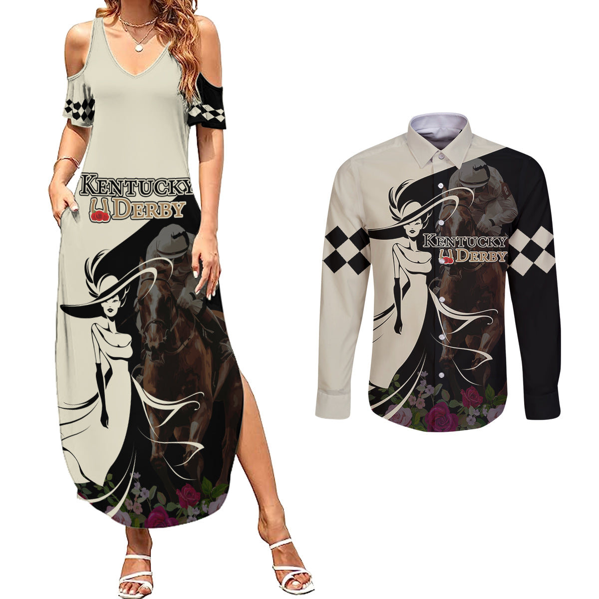 Kentucky Racing Horses Derby Hat Girl Couples Matching Summer Maxi Dress and Long Sleeve Button Shirt Black Color - Wonder Print Shop