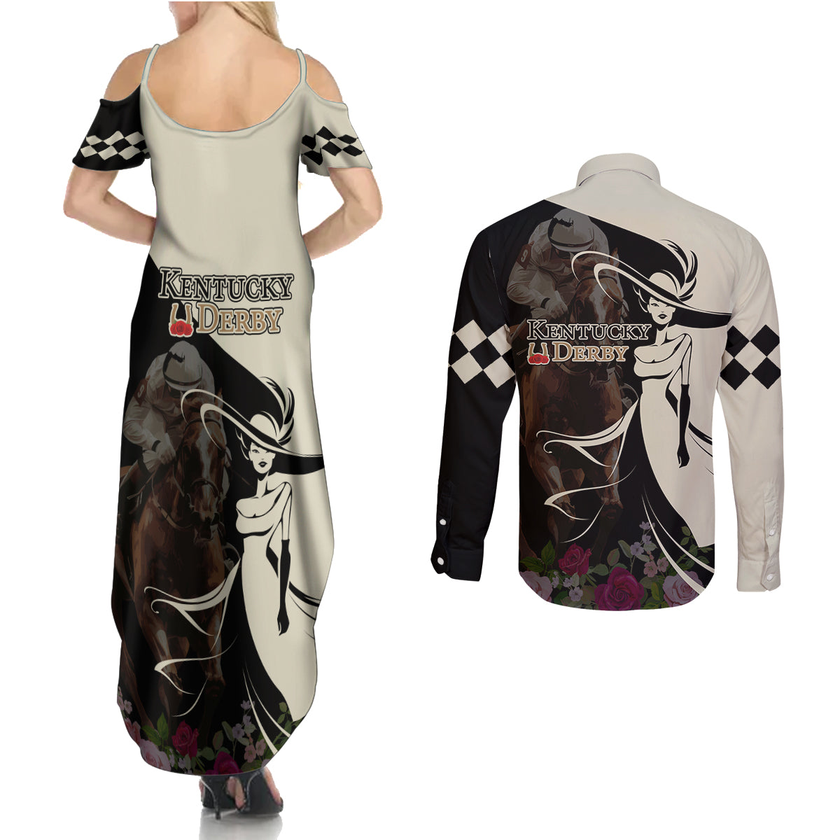 Kentucky Racing Horses Derby Hat Girl Couples Matching Summer Maxi Dress and Long Sleeve Button Shirt Black Color - Wonder Print Shop
