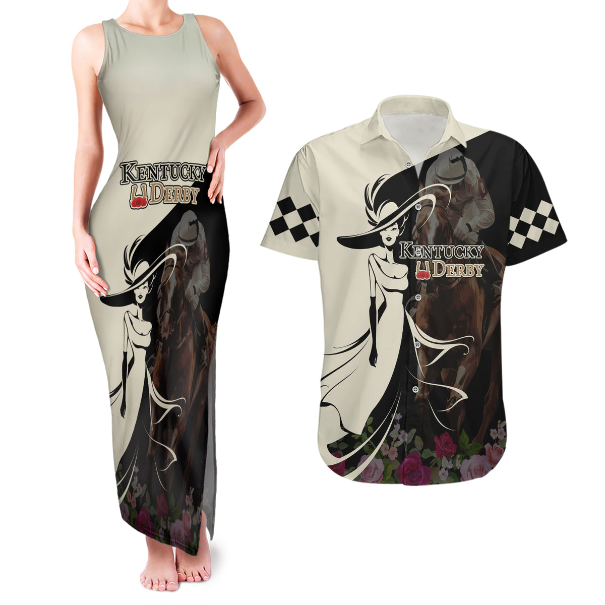 Kentucky Racing Horses Derby Hat Girl Couples Matching Tank Maxi Dress and Hawaiian Shirt Black Color - Wonder Print Shop