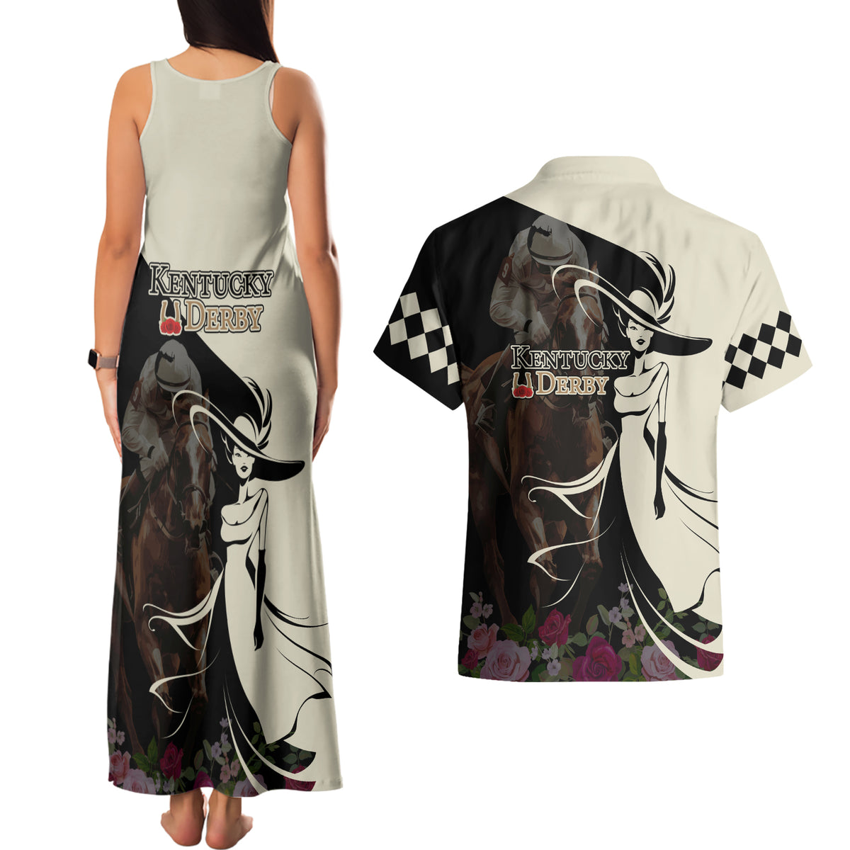 Kentucky Racing Horses Derby Hat Girl Couples Matching Tank Maxi Dress and Hawaiian Shirt Black Color - Wonder Print Shop