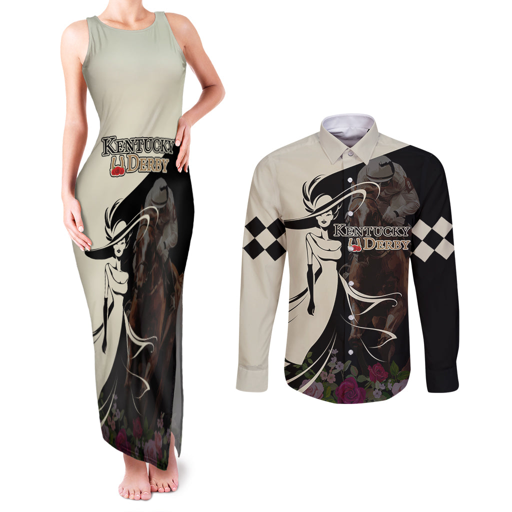 Kentucky Racing Horses Derby Hat Girl Couples Matching Tank Maxi Dress and Long Sleeve Button Shirt Black Color - Wonder Print Shop