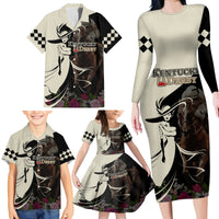 Kentucky Racing Horses Derby Hat Girl Family Matching Long Sleeve Bodycon Dress and Hawaiian Shirt Black Color - Wonder Print Shop
