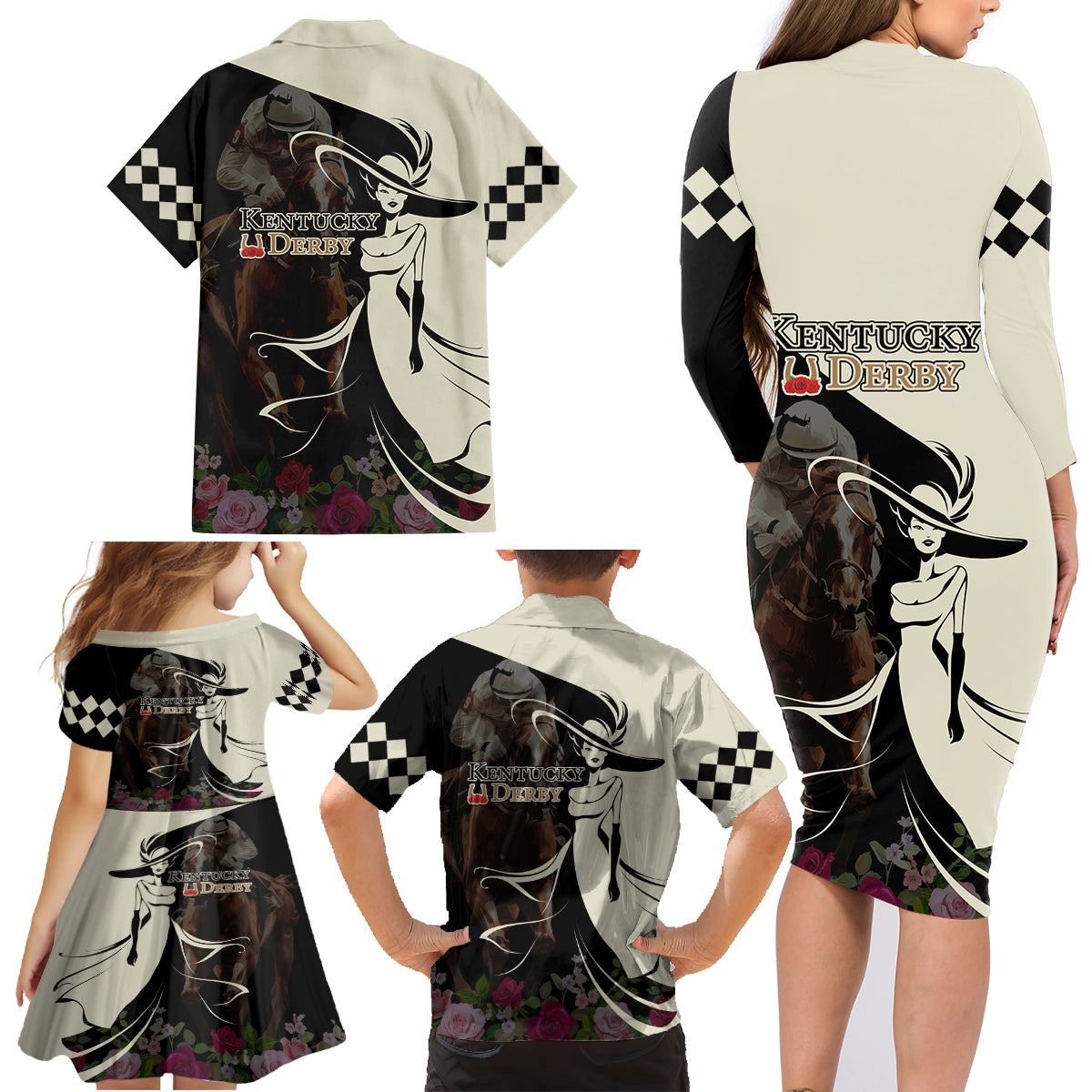 Kentucky Racing Horses Derby Hat Girl Family Matching Long Sleeve Bodycon Dress and Hawaiian Shirt Black Color - Wonder Print Shop