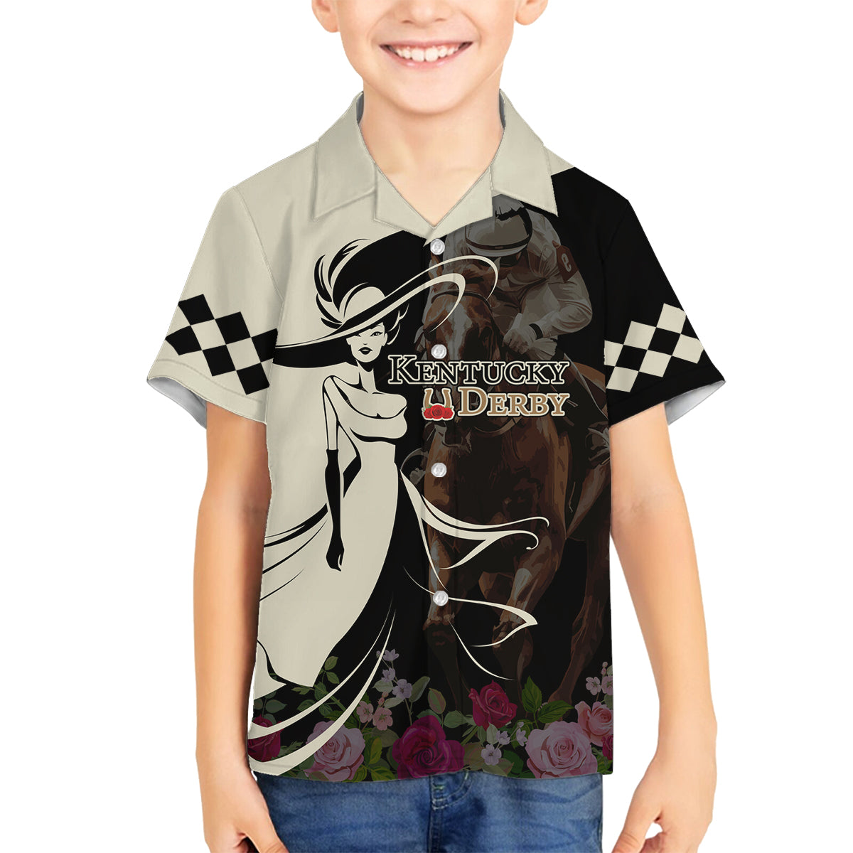 Kentucky Racing Horses Derby Hat Girl Family Matching Long Sleeve Bodycon Dress and Hawaiian Shirt Black Color - Wonder Print Shop