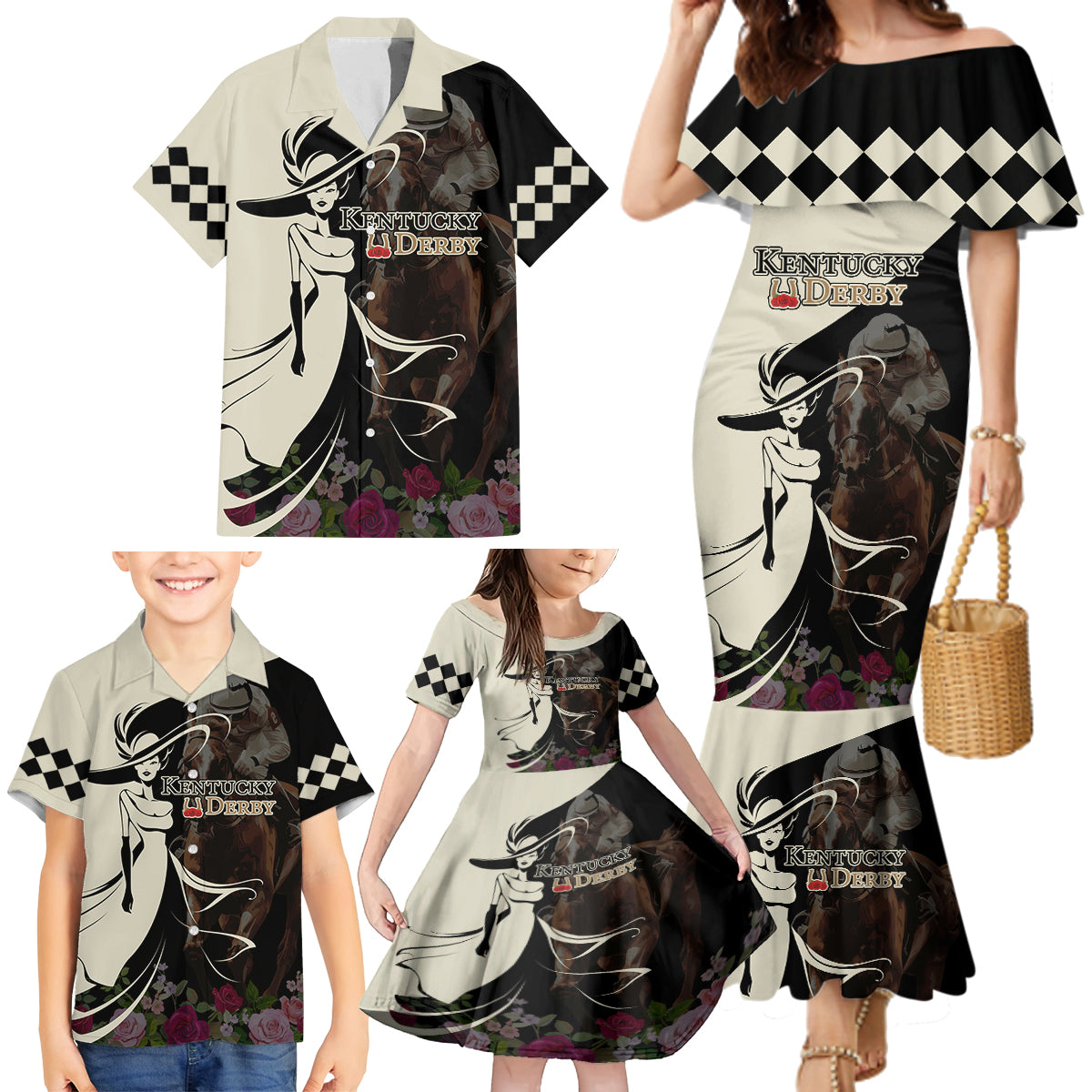 Kentucky Racing Horses Derby Hat Girl Family Matching Mermaid Dress and Hawaiian Shirt Black Color - Wonder Print Shop