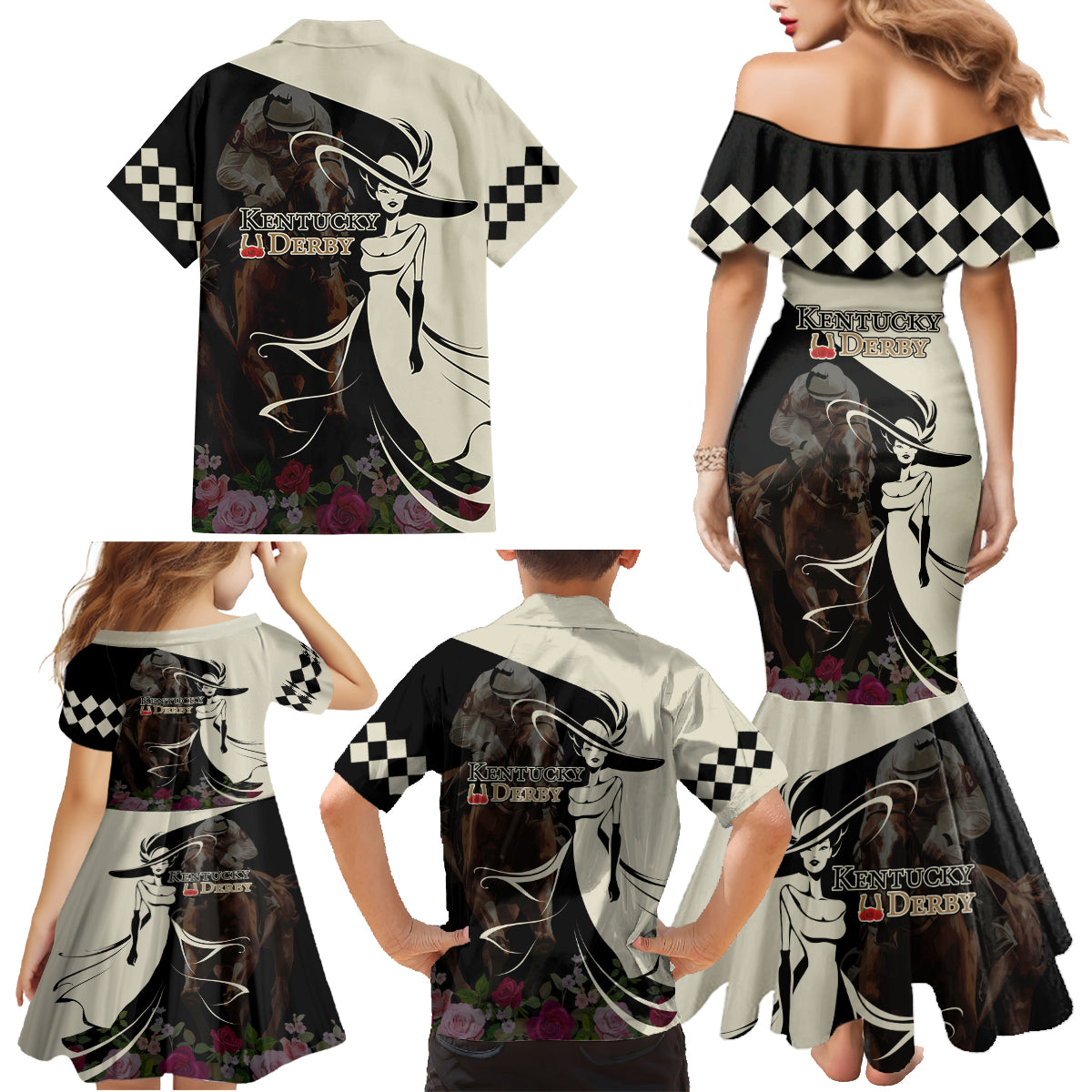 Kentucky Racing Horses Derby Hat Girl Family Matching Mermaid Dress and Hawaiian Shirt Black Color - Wonder Print Shop