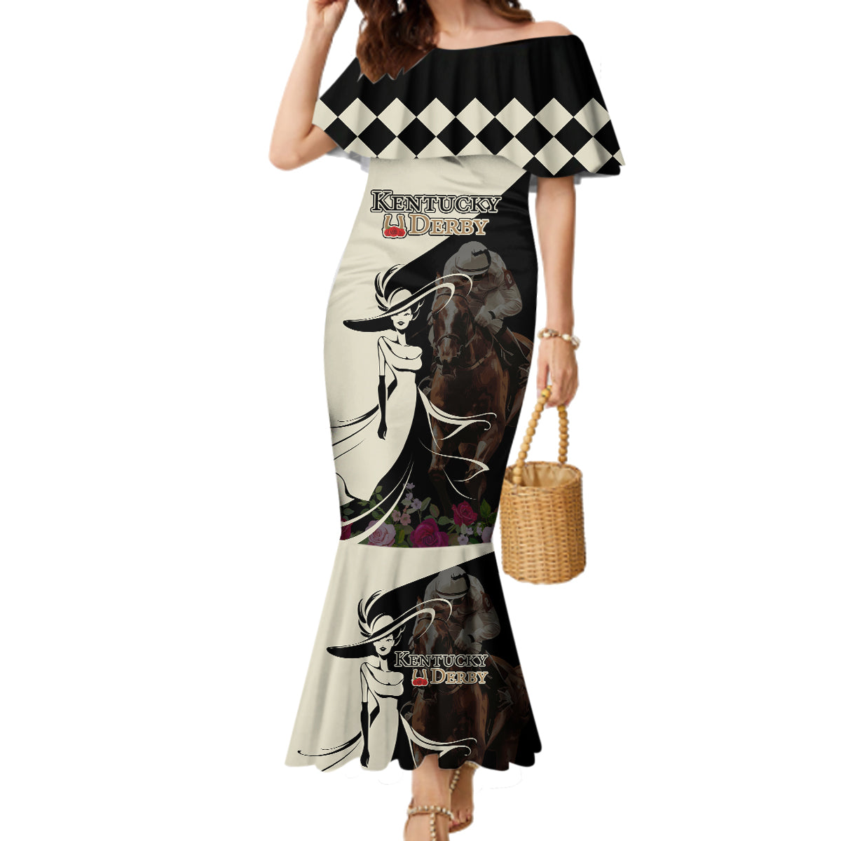 Kentucky Racing Horses Derby Hat Girl Family Matching Mermaid Dress and Hawaiian Shirt Black Color - Wonder Print Shop