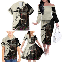 Kentucky Racing Horses Derby Hat Girl Family Matching Off The Shoulder Long Sleeve Dress and Hawaiian Shirt Black Color - Wonder Print Shop