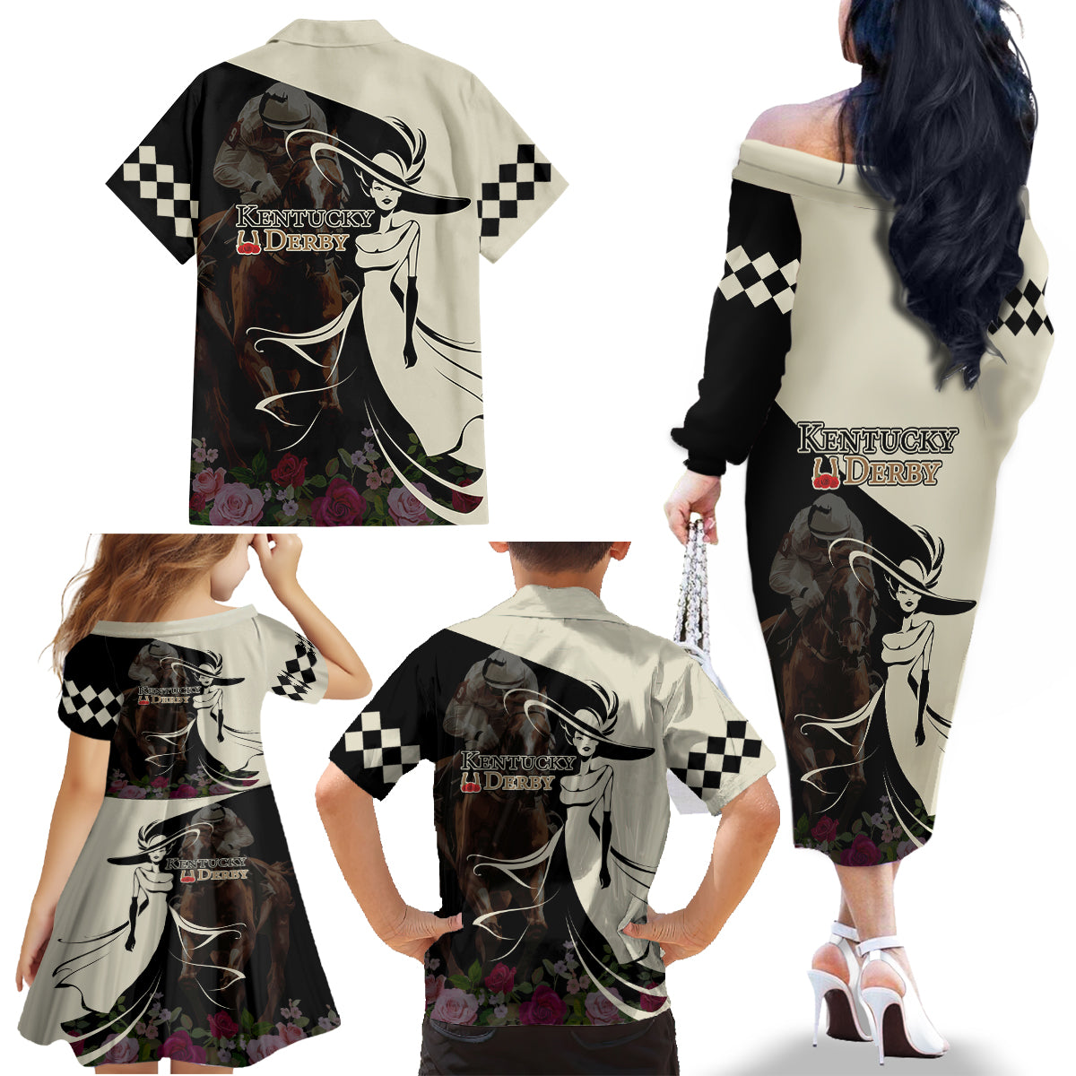 Kentucky Racing Horses Derby Hat Girl Family Matching Off The Shoulder Long Sleeve Dress and Hawaiian Shirt Black Color - Wonder Print Shop