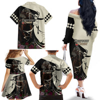 Kentucky Racing Horses Derby Hat Girl Family Matching Off The Shoulder Long Sleeve Dress and Hawaiian Shirt Black Color - Wonder Print Shop