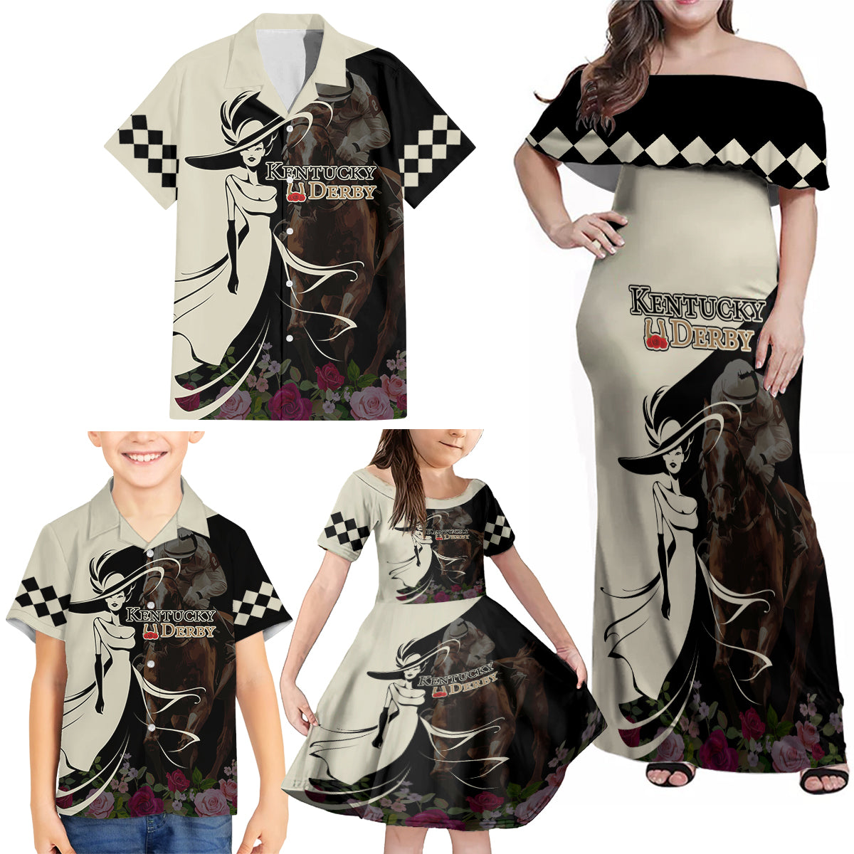 Kentucky Racing Horses Derby Hat Girl Family Matching Off Shoulder Maxi Dress and Hawaiian Shirt Black Color - Wonder Print Shop