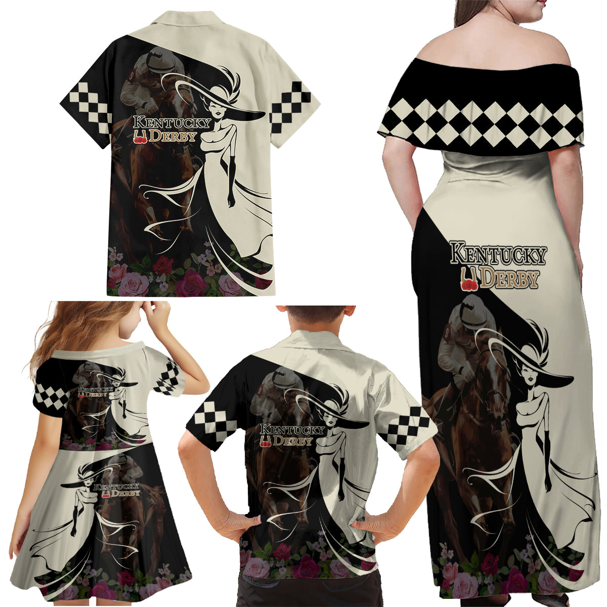 Kentucky Racing Horses Derby Hat Girl Family Matching Off Shoulder Maxi Dress and Hawaiian Shirt Black Color - Wonder Print Shop