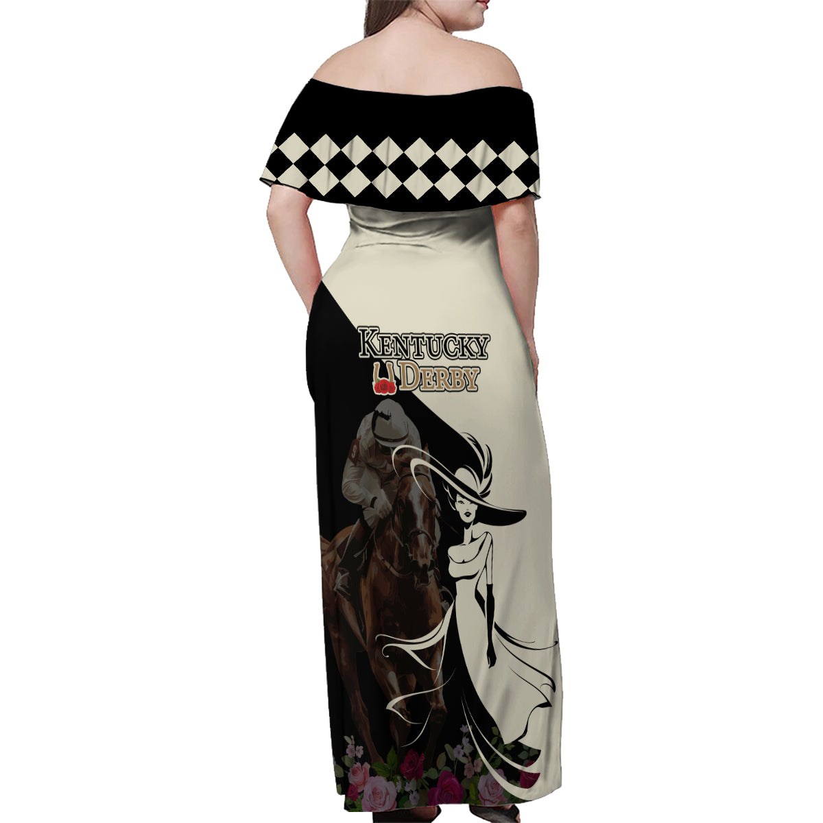 Kentucky Racing Horses Derby Hat Girl Family Matching Off Shoulder Maxi Dress and Hawaiian Shirt Black Color - Wonder Print Shop