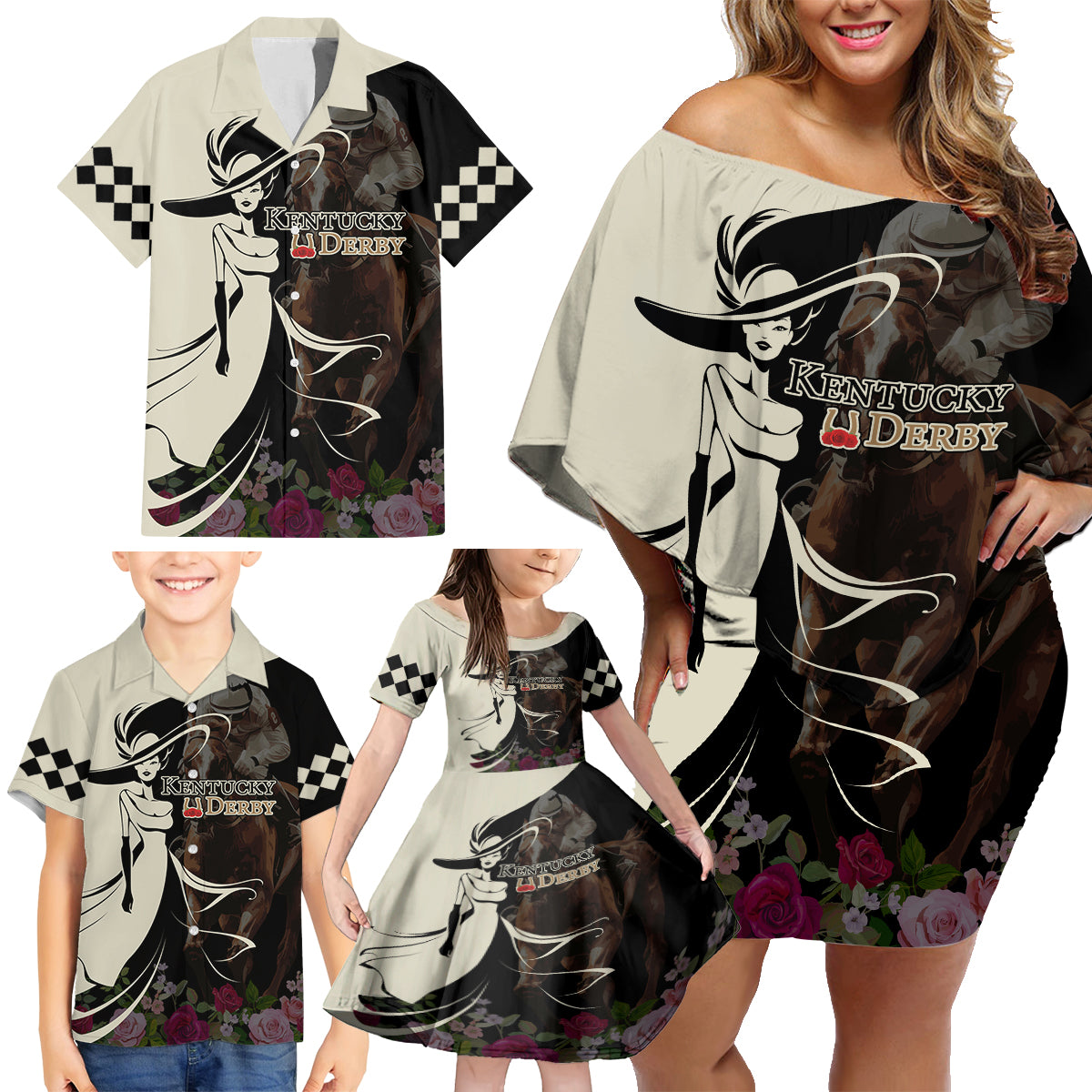 Kentucky Racing Horses Derby Hat Girl Family Matching Off Shoulder Short Dress and Hawaiian Shirt Black Color - Wonder Print Shop
