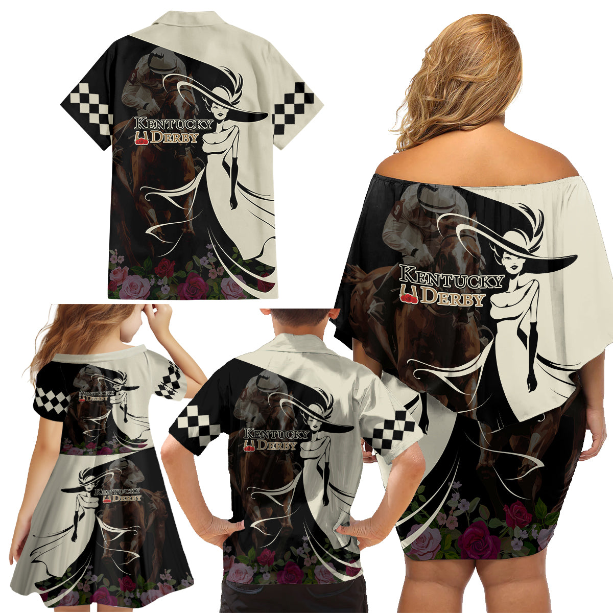 Kentucky Racing Horses Derby Hat Girl Family Matching Off Shoulder Short Dress and Hawaiian Shirt Black Color - Wonder Print Shop