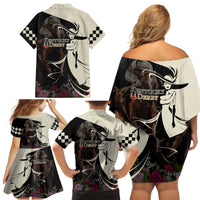 Kentucky Racing Horses Derby Hat Girl Family Matching Off Shoulder Short Dress and Hawaiian Shirt Black Color - Wonder Print Shop