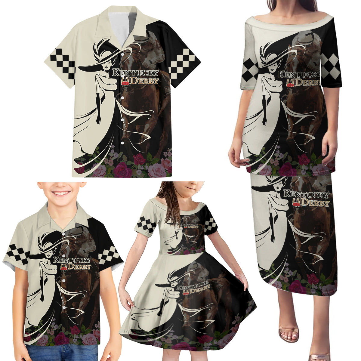 Kentucky Racing Horses Derby Hat Girl Family Matching Puletasi and Hawaiian Shirt Black Color - Wonder Print Shop