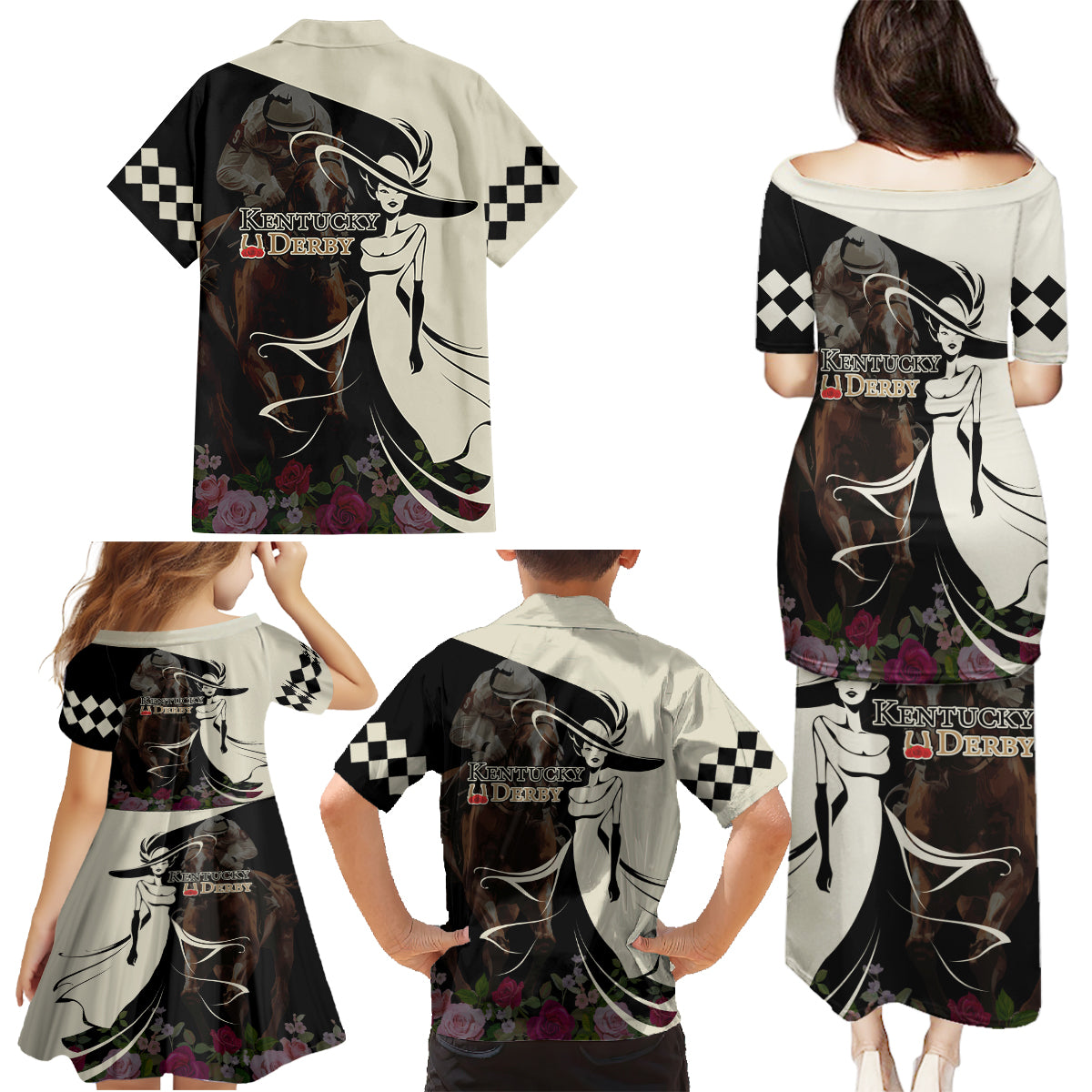 Kentucky Racing Horses Derby Hat Girl Family Matching Puletasi and Hawaiian Shirt Black Color - Wonder Print Shop