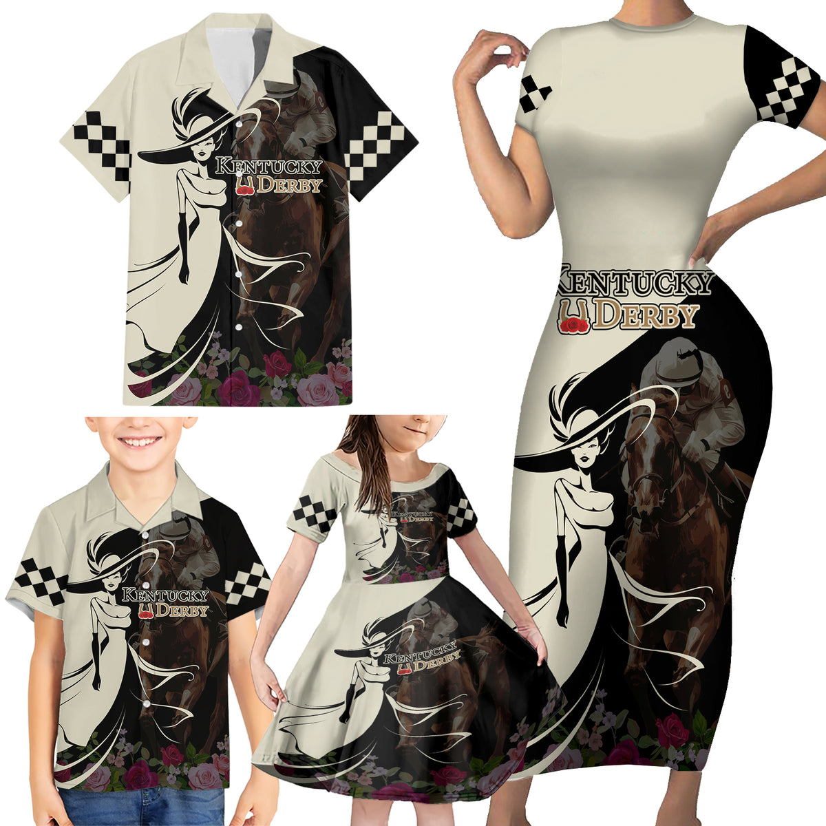 Kentucky Racing Horses Derby Hat Girl Family Matching Short Sleeve Bodycon Dress and Hawaiian Shirt Black Color - Wonder Print Shop