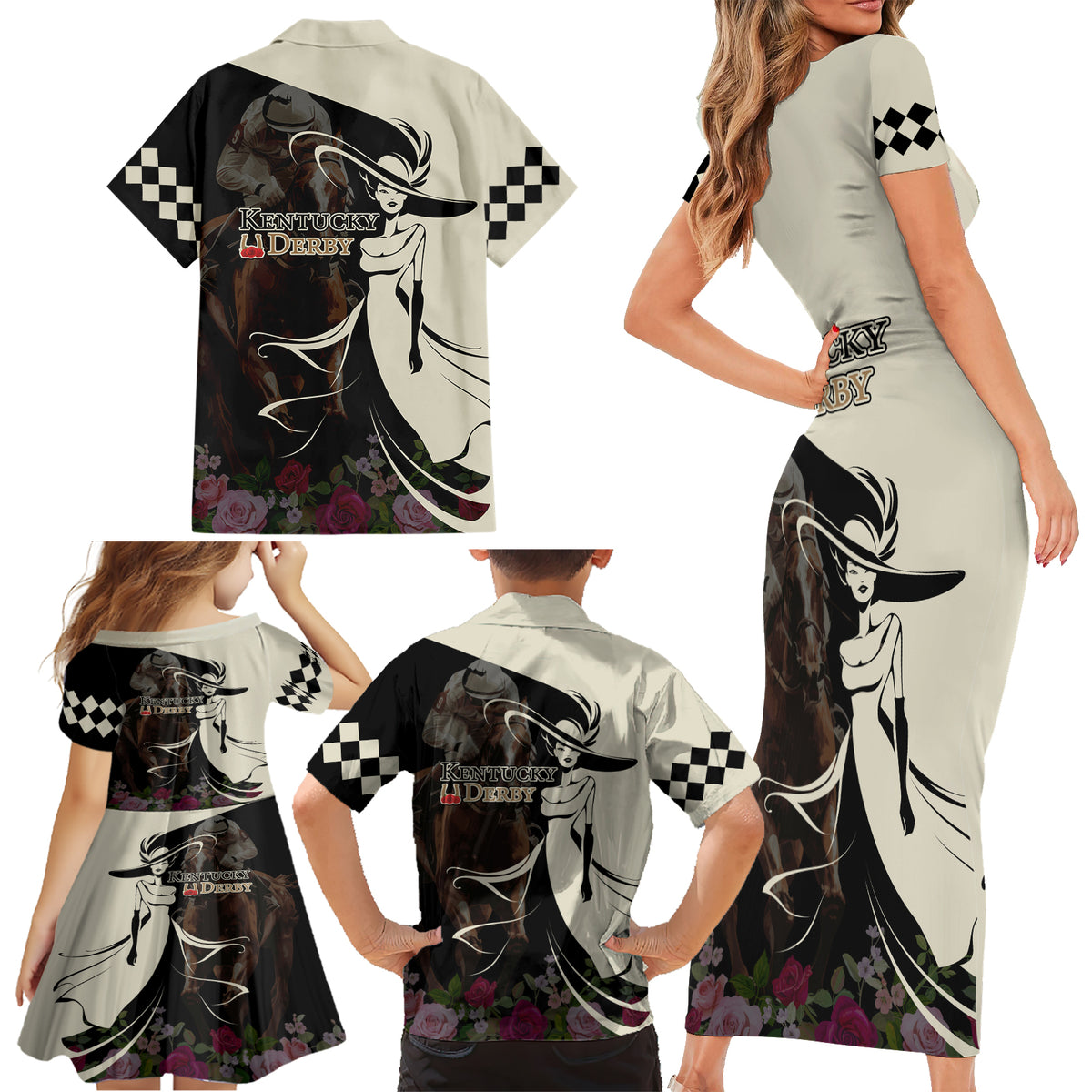 Kentucky Racing Horses Derby Hat Girl Family Matching Short Sleeve Bodycon Dress and Hawaiian Shirt Black Color - Wonder Print Shop