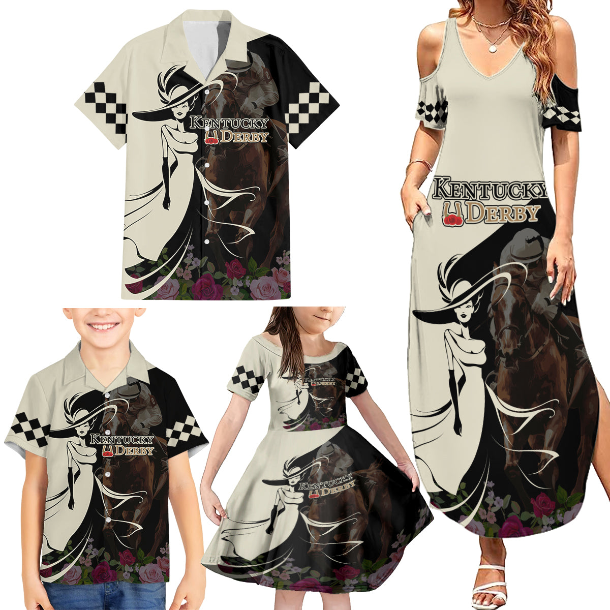 Kentucky Racing Horses Derby Hat Girl Family Matching Summer Maxi Dress and Hawaiian Shirt Black Color - Wonder Print Shop