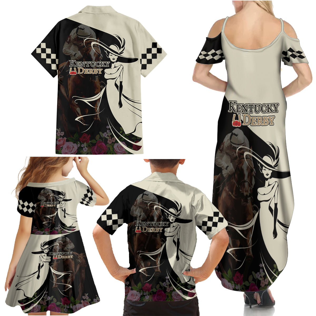 Kentucky Racing Horses Derby Hat Girl Family Matching Summer Maxi Dress and Hawaiian Shirt Black Color - Wonder Print Shop