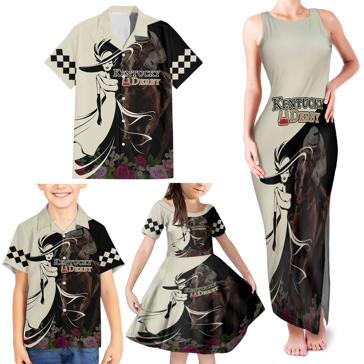 Kentucky Racing Horses Derby Hat Girl Family Matching Tank Maxi Dress and Hawaiian Shirt Black Color - Wonder Print Shop
