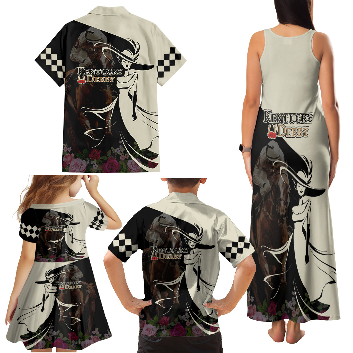 Kentucky Racing Horses Derby Hat Girl Family Matching Tank Maxi Dress and Hawaiian Shirt Black Color - Wonder Print Shop