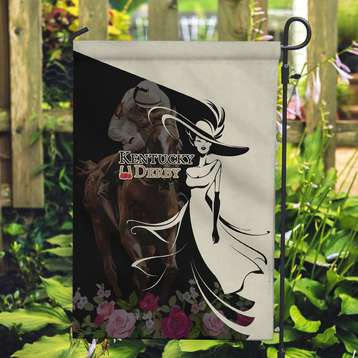 Kentucky Racing Horses Derby Hat Girl Garden Flag Black Color - Wonder Print Shop