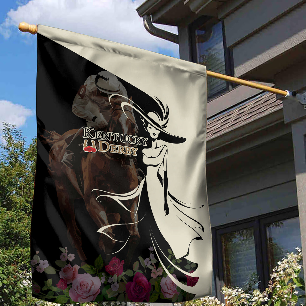 Kentucky Racing Horses Derby Hat Girl Garden Flag Black Color - Wonder Print Shop