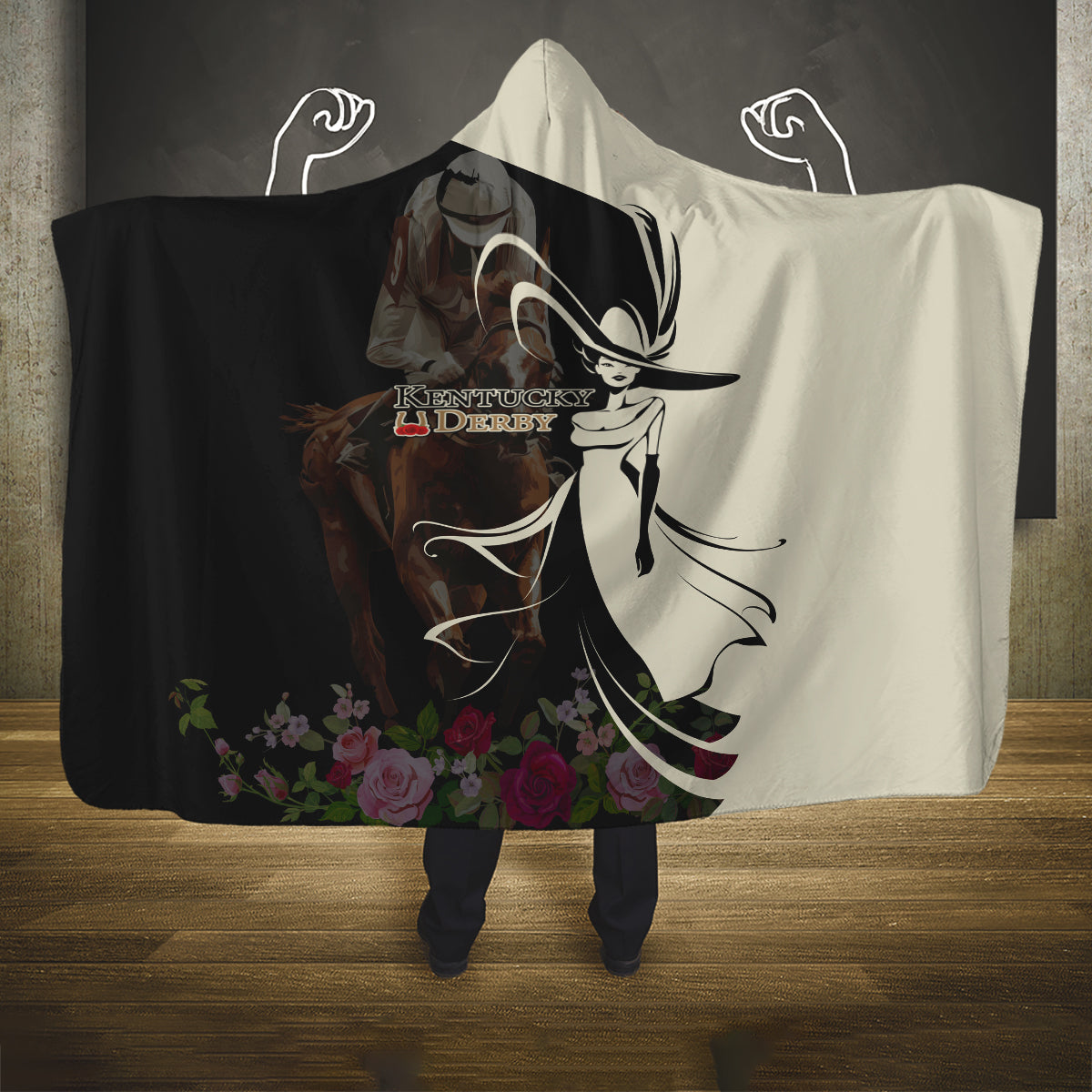Kentucky Racing Horses Derby Hat Girl Hooded Blanket Black Color