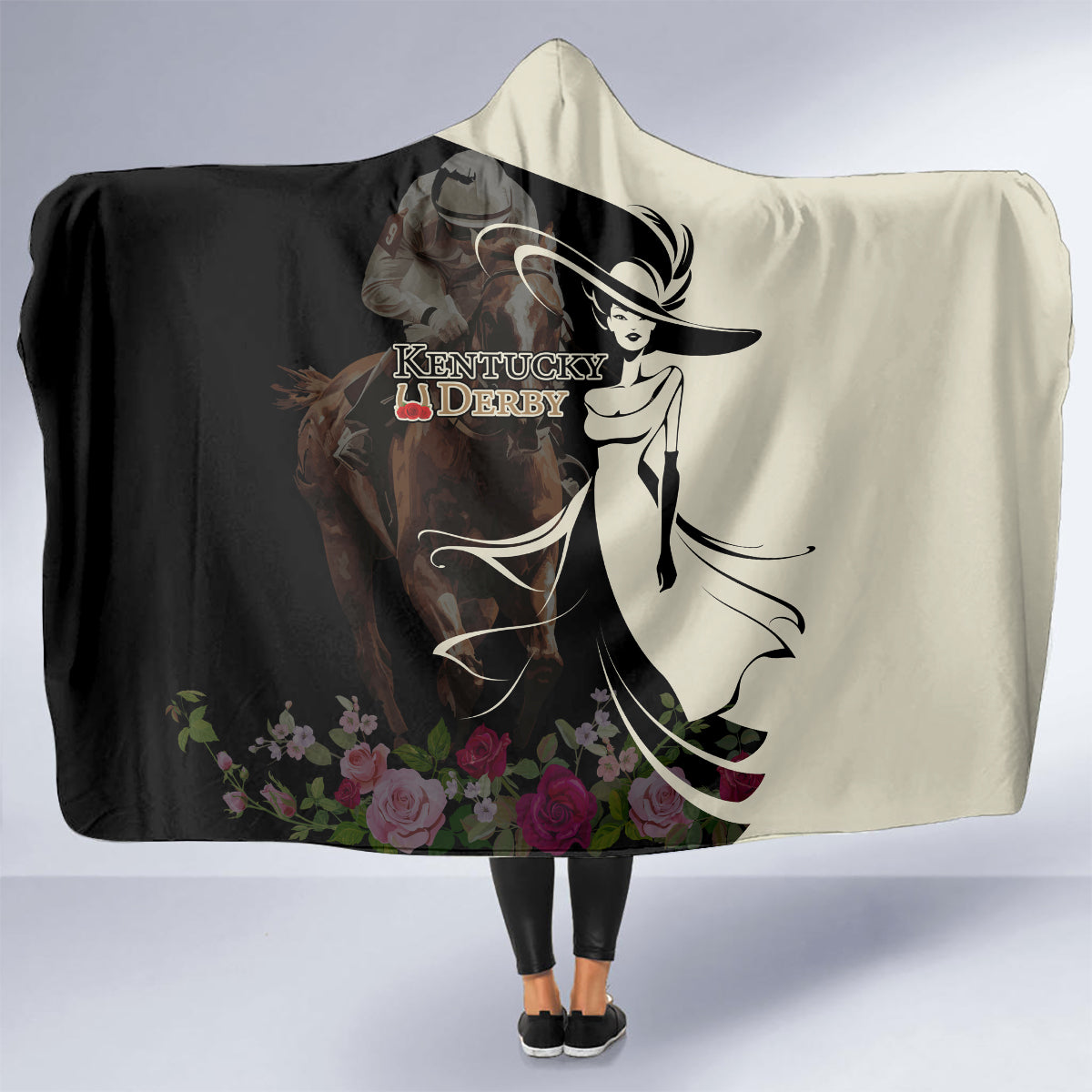 Kentucky Racing Horses Derby Hat Girl Hooded Blanket Black Color