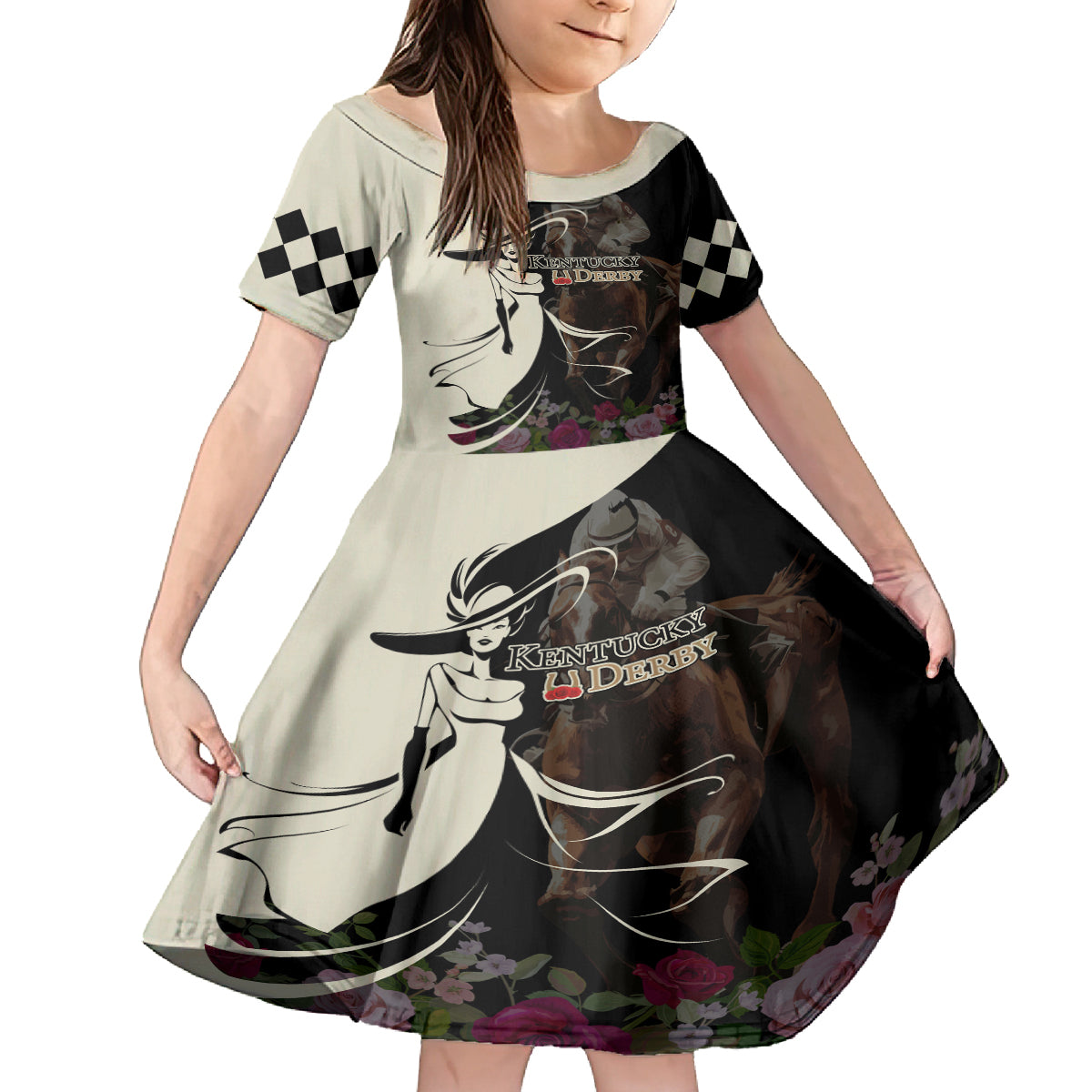 Kentucky Racing Horses Derby Hat Girl Kid Short Sleeve Dress Black Color - Wonder Print Shop