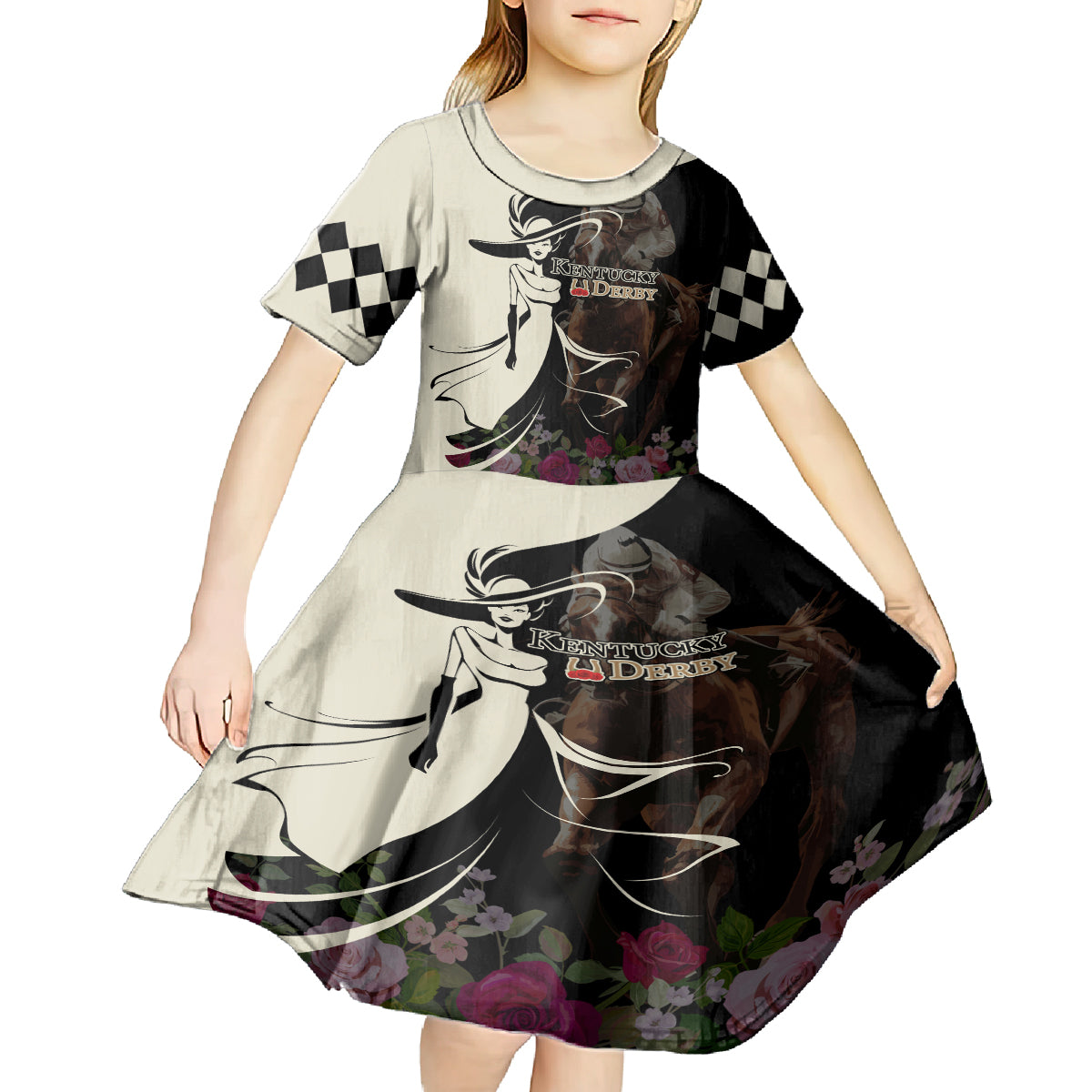 Kentucky Racing Horses Derby Hat Girl Kid Short Sleeve Dress Black Color - Wonder Print Shop