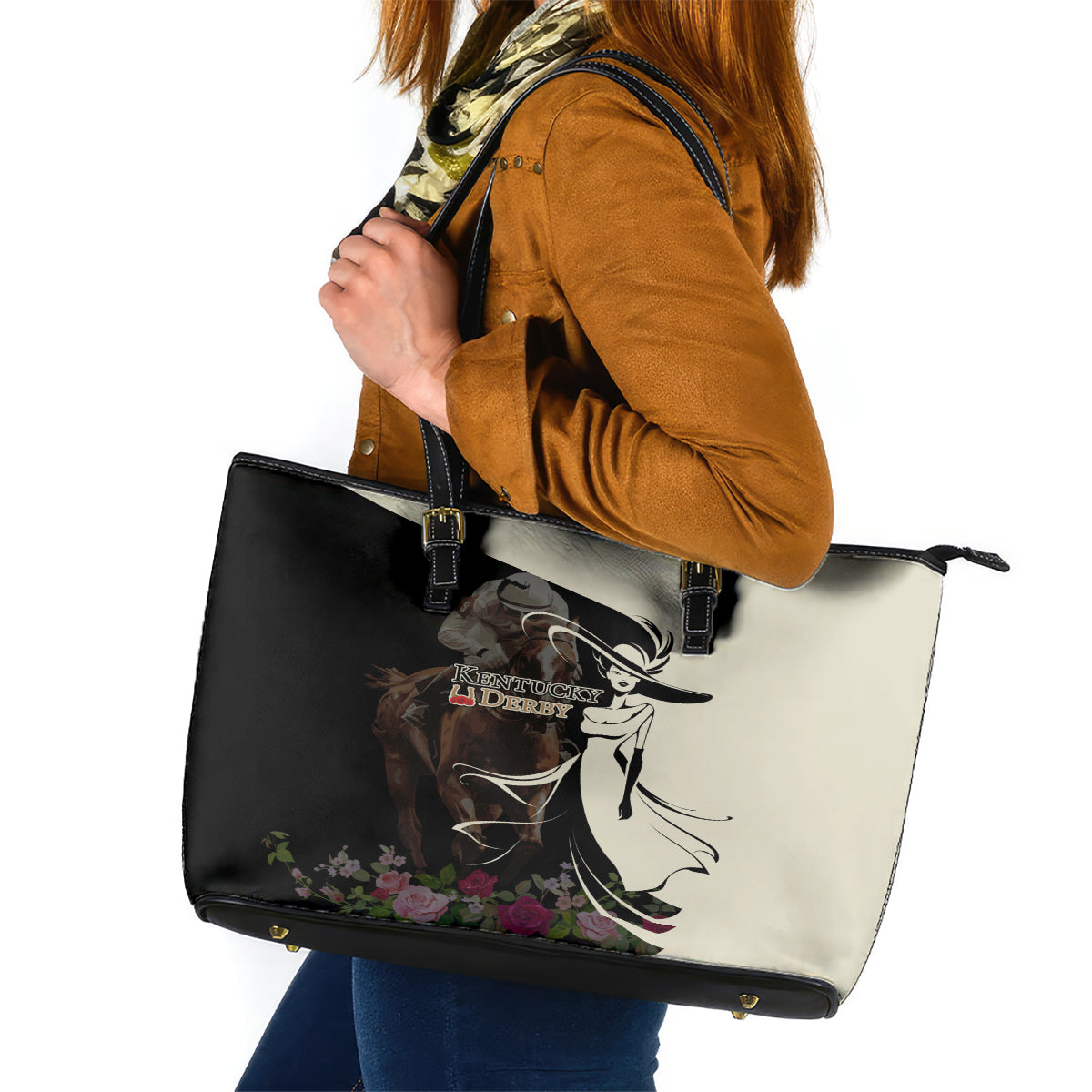 Kentucky Racing Horses Derby Hat Girl Leather Tote Bag Black Color - Wonder Print Shop