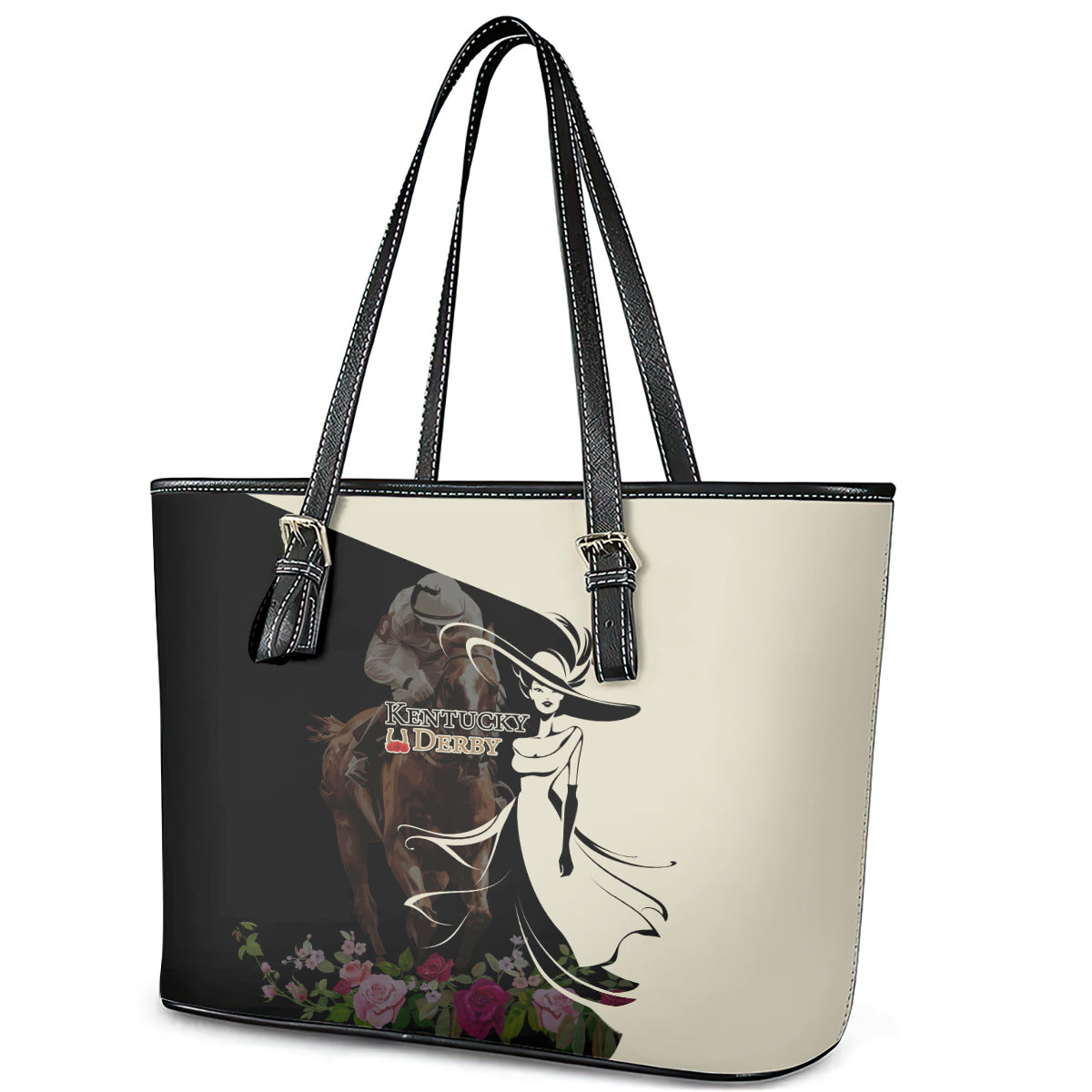 Kentucky Racing Horses Derby Hat Girl Leather Tote Bag Black Color - Wonder Print Shop