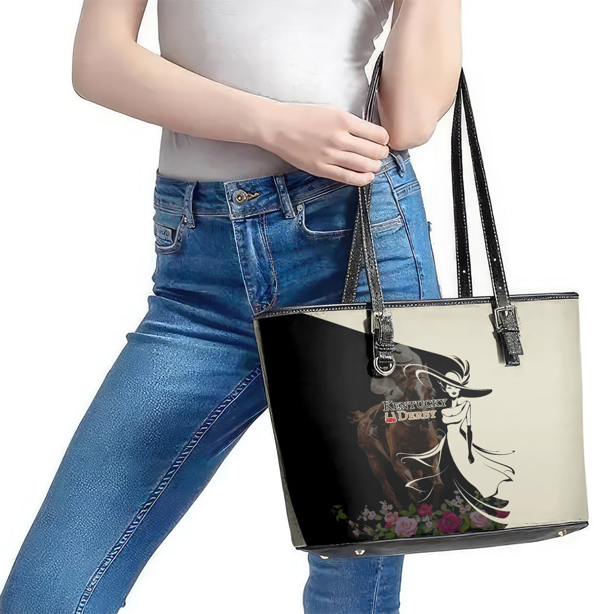 Kentucky Racing Horses Derby Hat Girl Leather Tote Bag Black Color - Wonder Print Shop