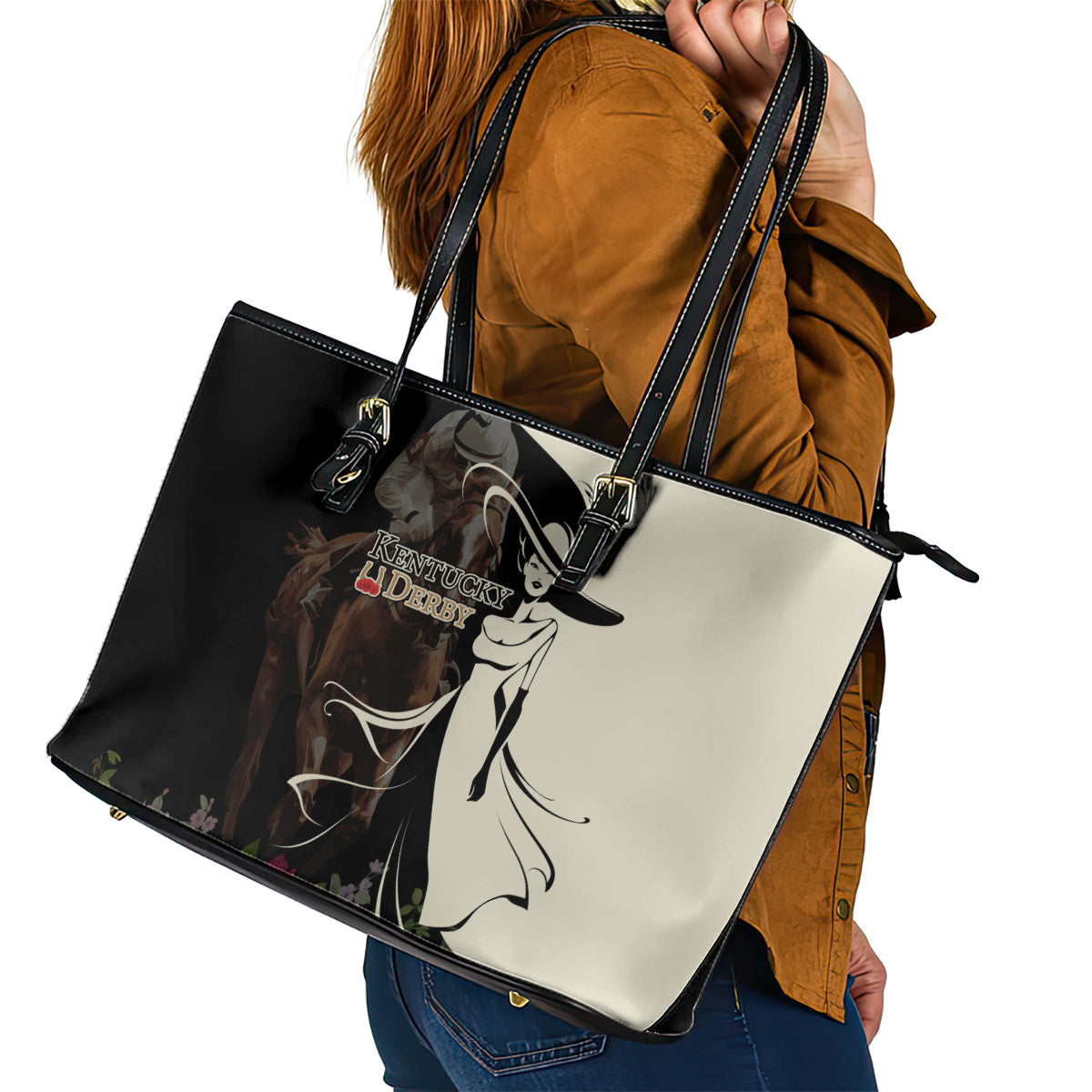 Kentucky Racing Horses Derby Hat Girl Leather Tote Bag Black Color - Wonder Print Shop
