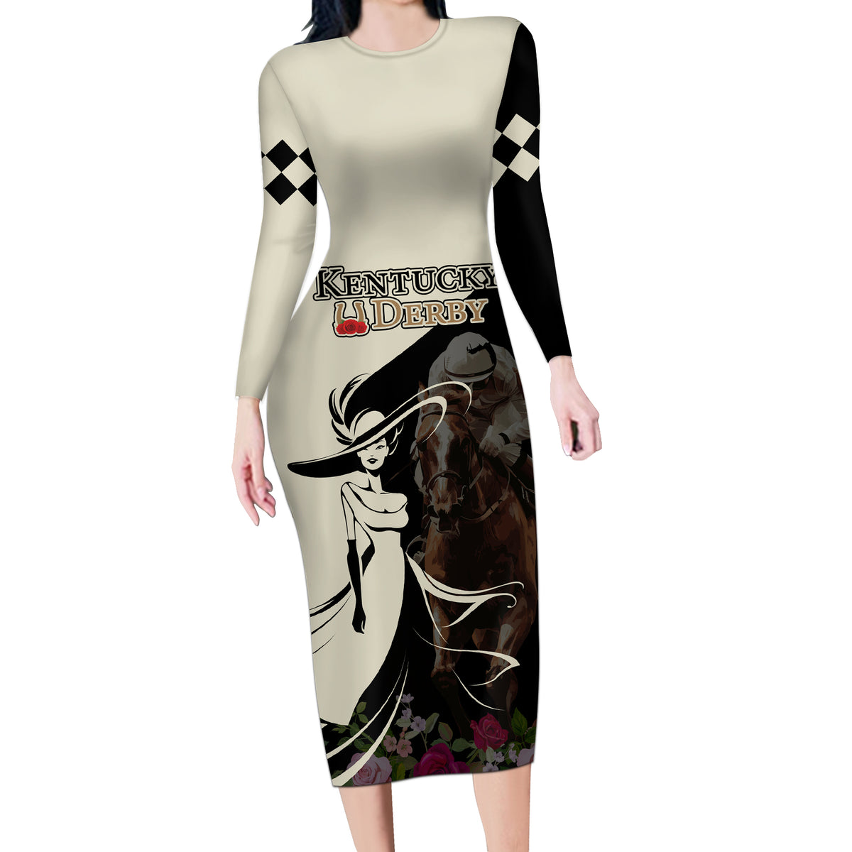 Kentucky Racing Horses Derby Hat Girl Long Sleeve Bodycon Dress Black Color - Wonder Print Shop