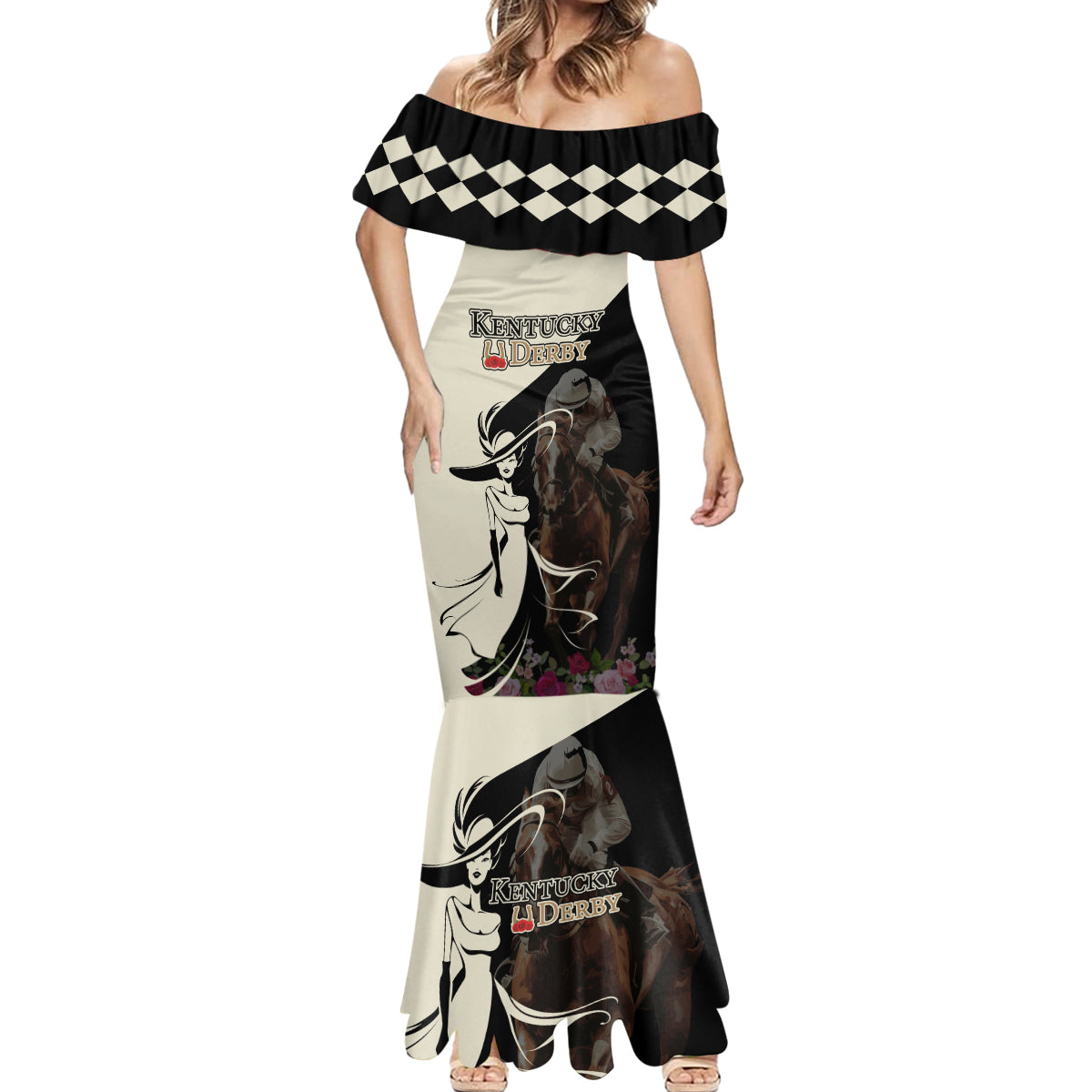 Kentucky Racing Horses Derby Hat Girl Mermaid Dress Black Color - Wonder Print Shop