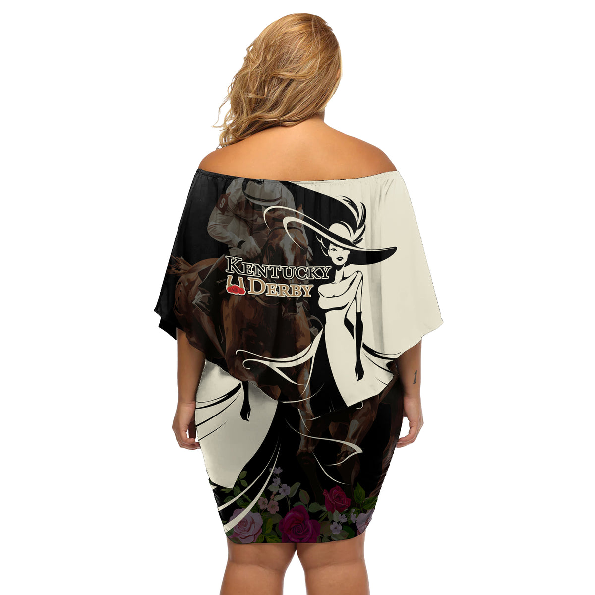 Kentucky Racing Horses Derby Hat Girl Off Shoulder Short Dress Black Color - Wonder Print Shop