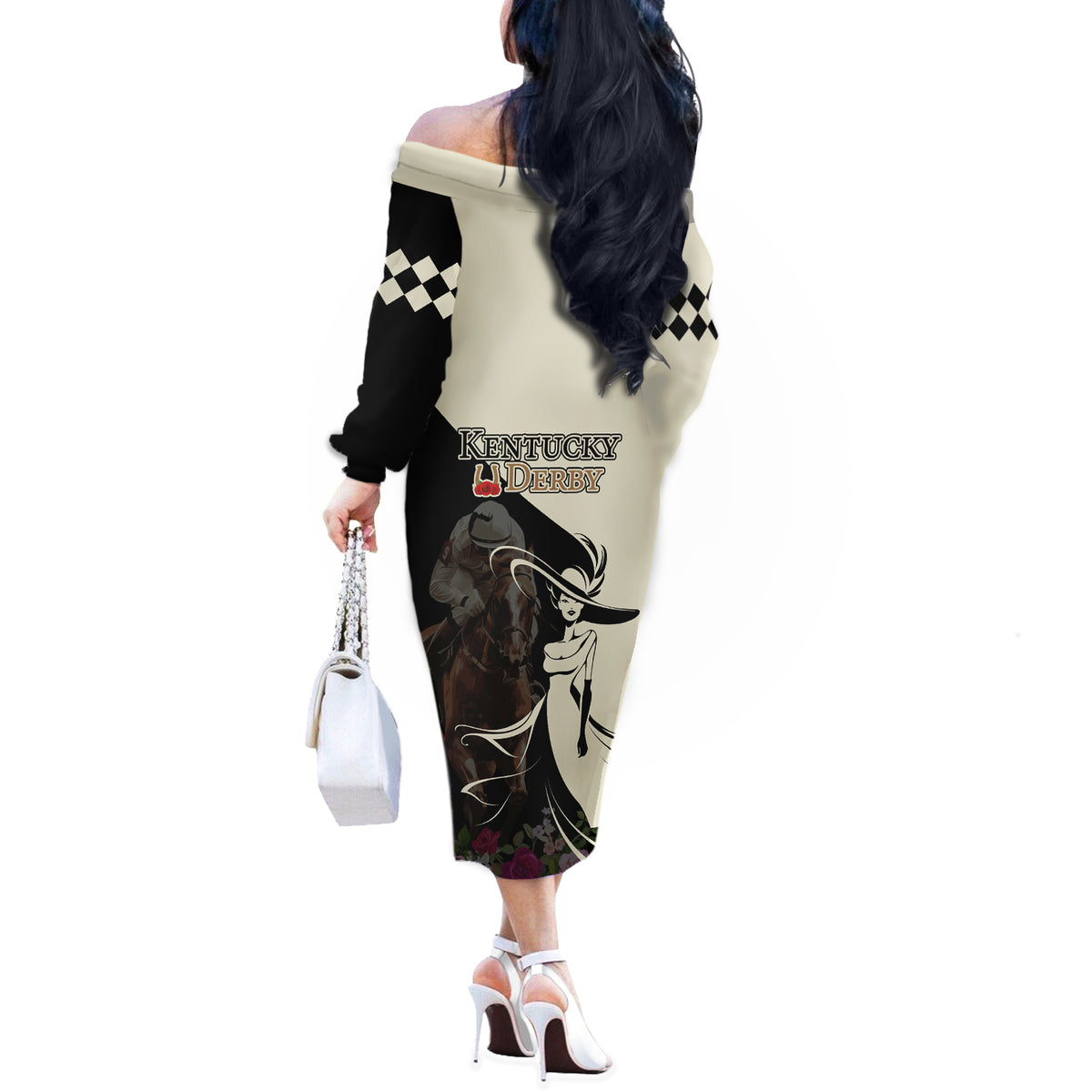 Kentucky Racing Horses Derby Hat Girl Off The Shoulder Long Sleeve Dress Black Color - Wonder Print Shop