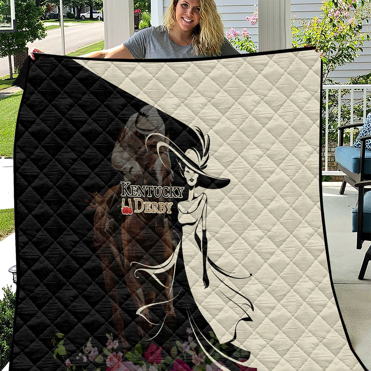 Kentucky Racing Horses Derby Hat Girl Quilt Black Color