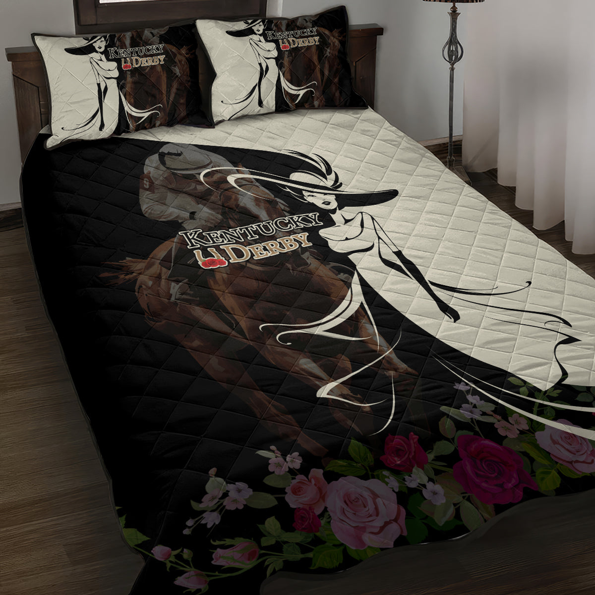 Kentucky Racing Horses Derby Hat Girl Quilt Bed Set Black Color