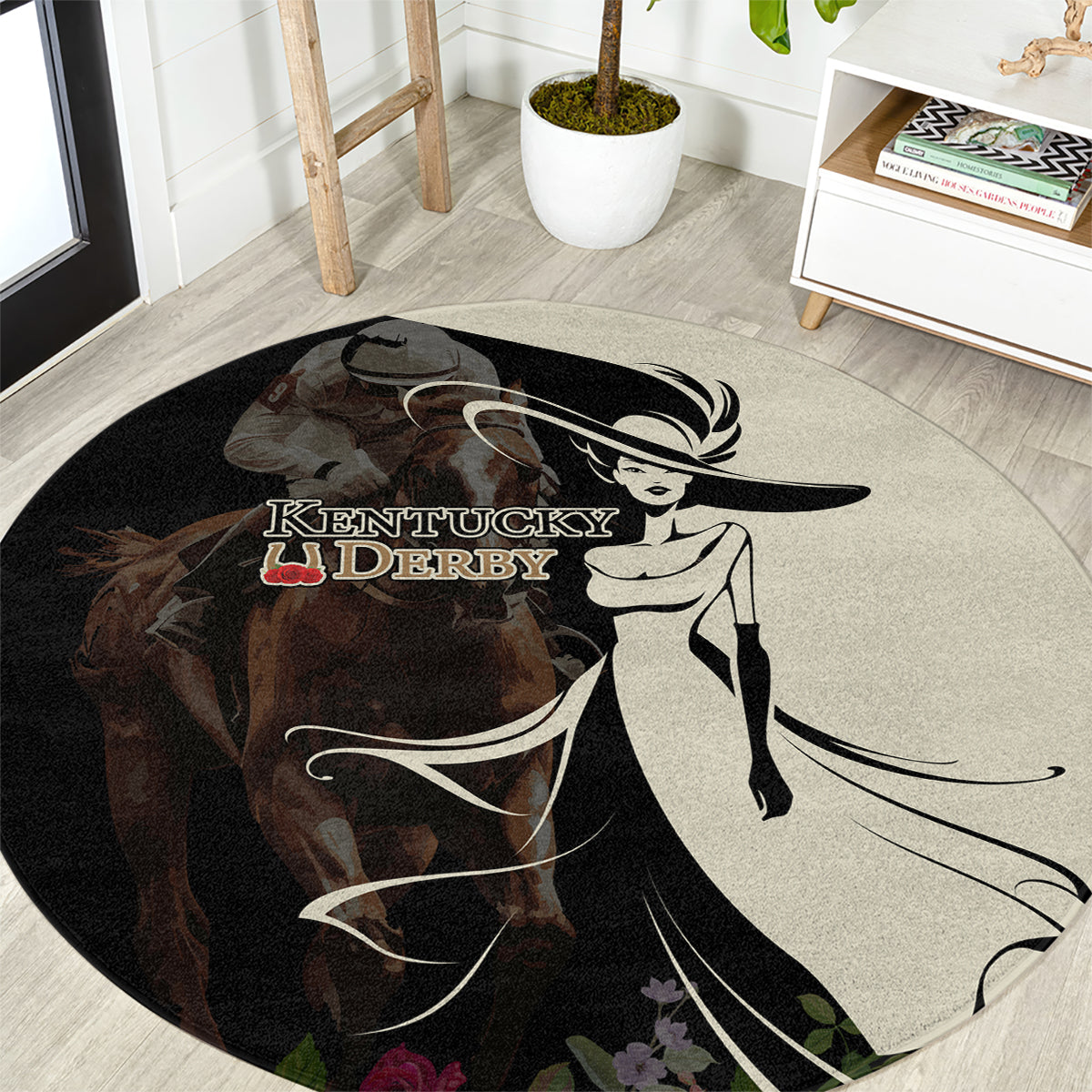 Kentucky Racing Horses Derby Hat Girl Round Carpet Black Color
