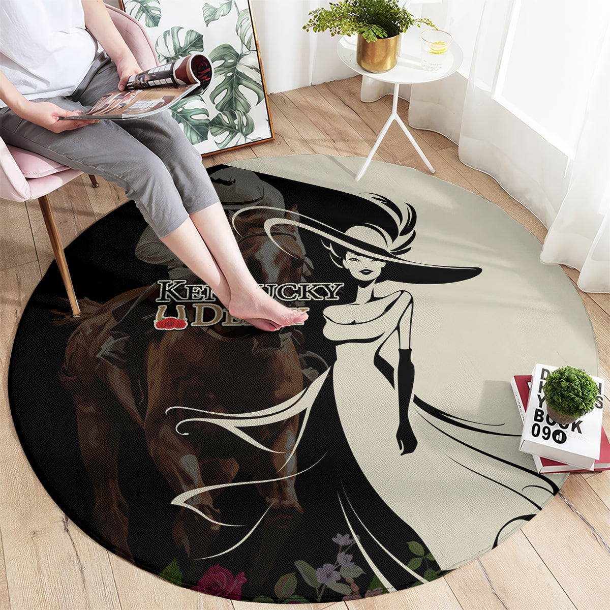 Kentucky Racing Horses Derby Hat Girl Round Carpet Black Color