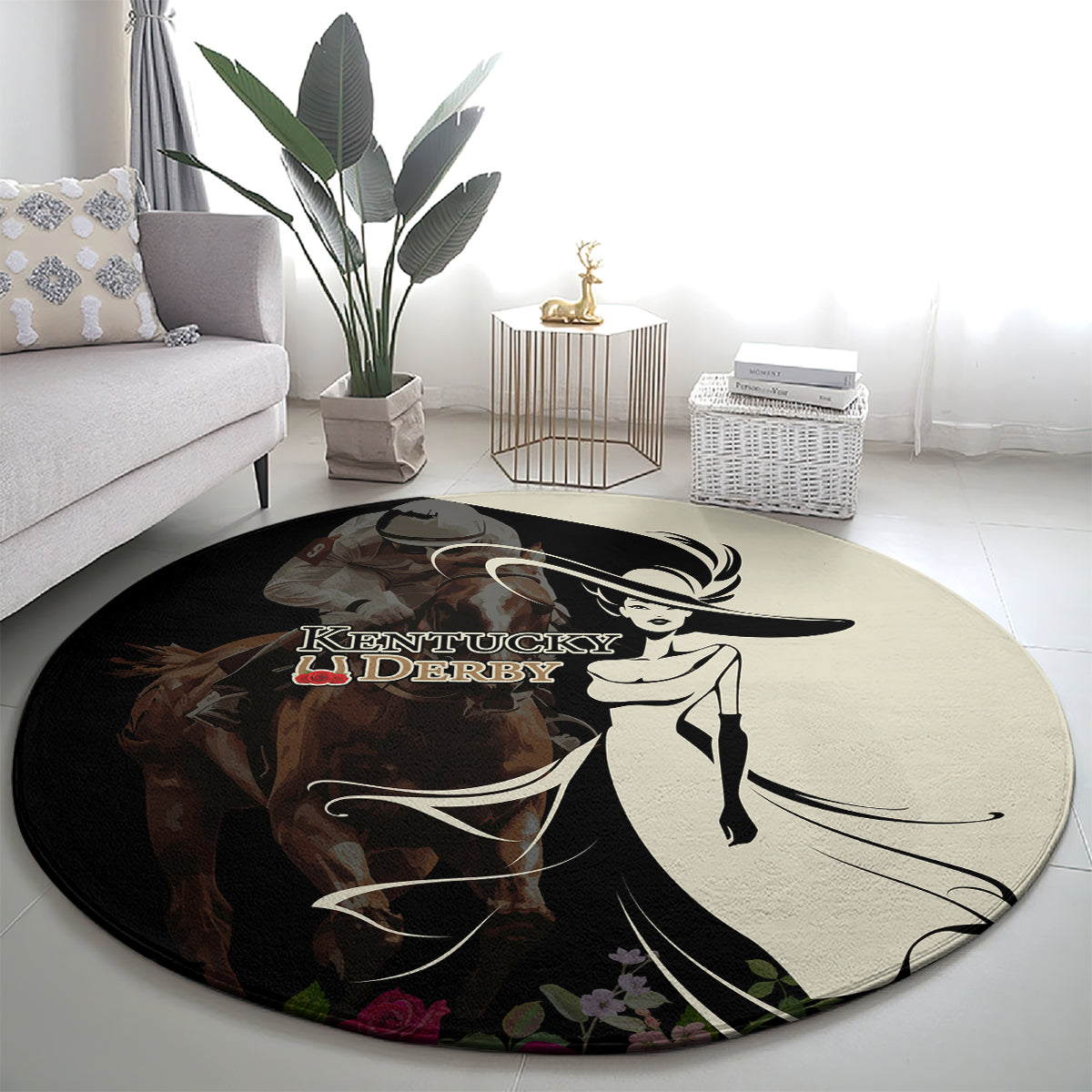 Kentucky Racing Horses Derby Hat Girl Round Carpet Black Color
